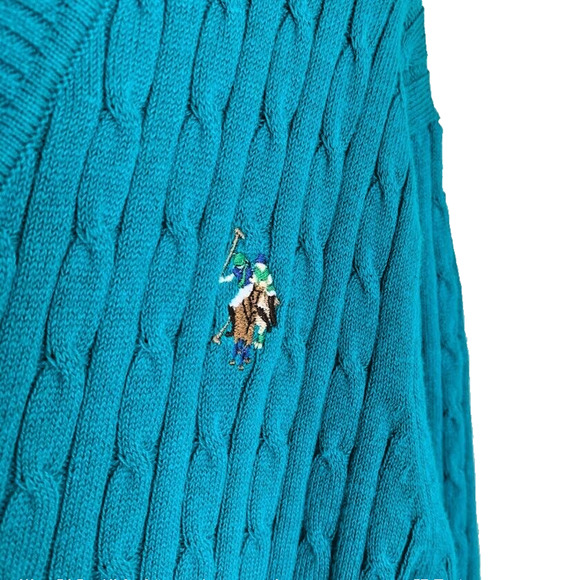 US Polo Assn Womens Long Sleeve Pullover Cable Knit Sweater Teal M V-Neck Pony - Picture 2 of 6
